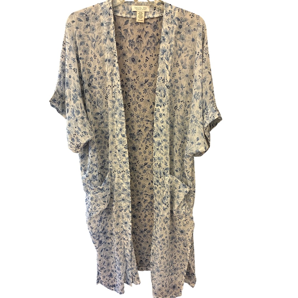 Rachel Zoe Kimono Wrap Women One Size Blue White Floral Excellent Sheer Pockets